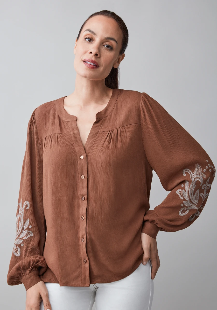 Long Sleeve Embroidered Blouse in Tobacco