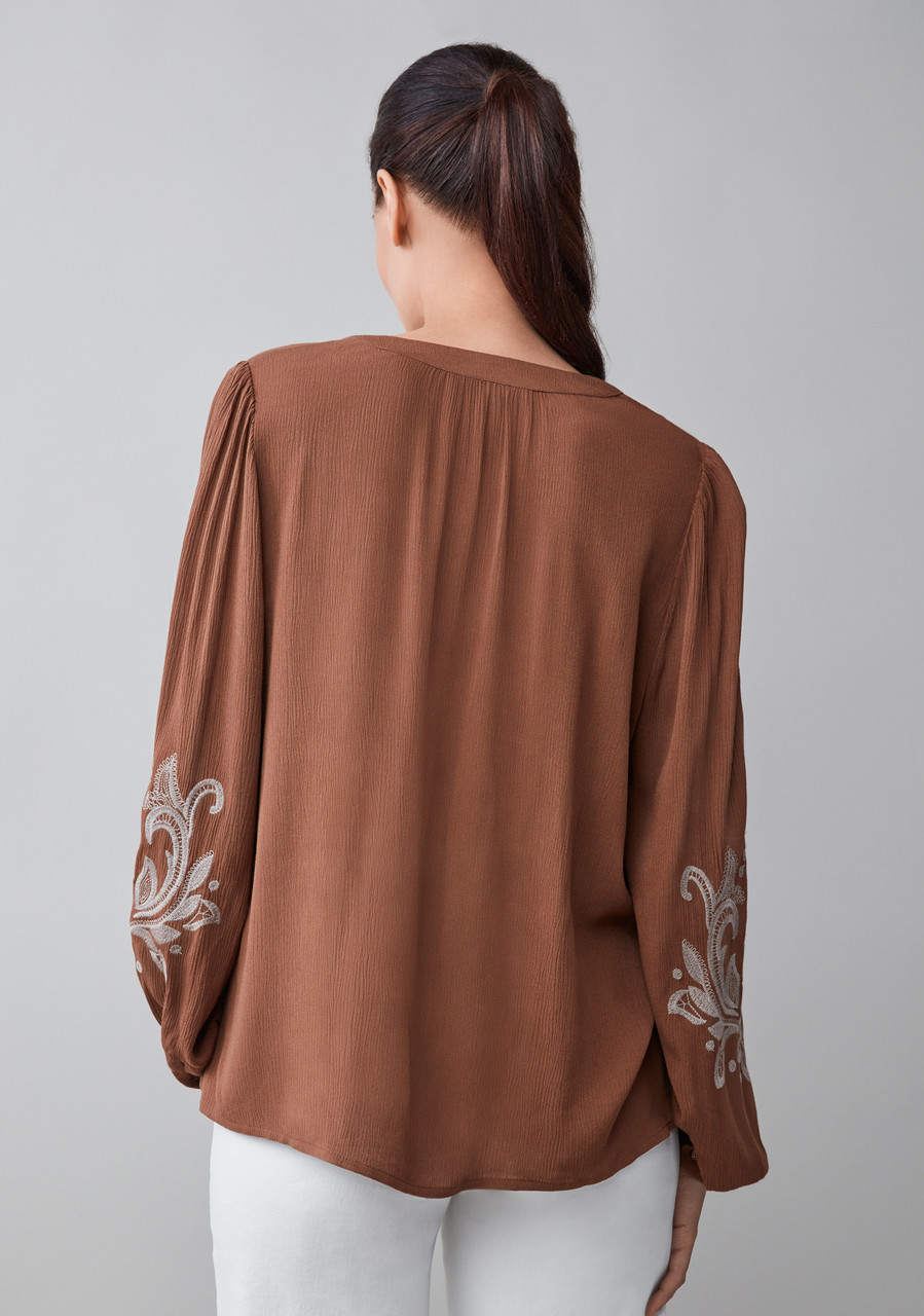Long Sleeve Embroidered Blouse in Tobacco