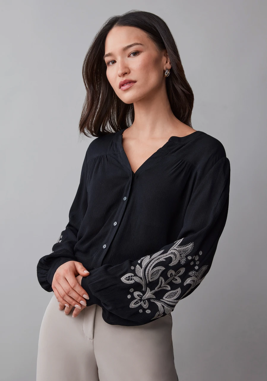 Long Sleeve Embroidered Blouse in Black