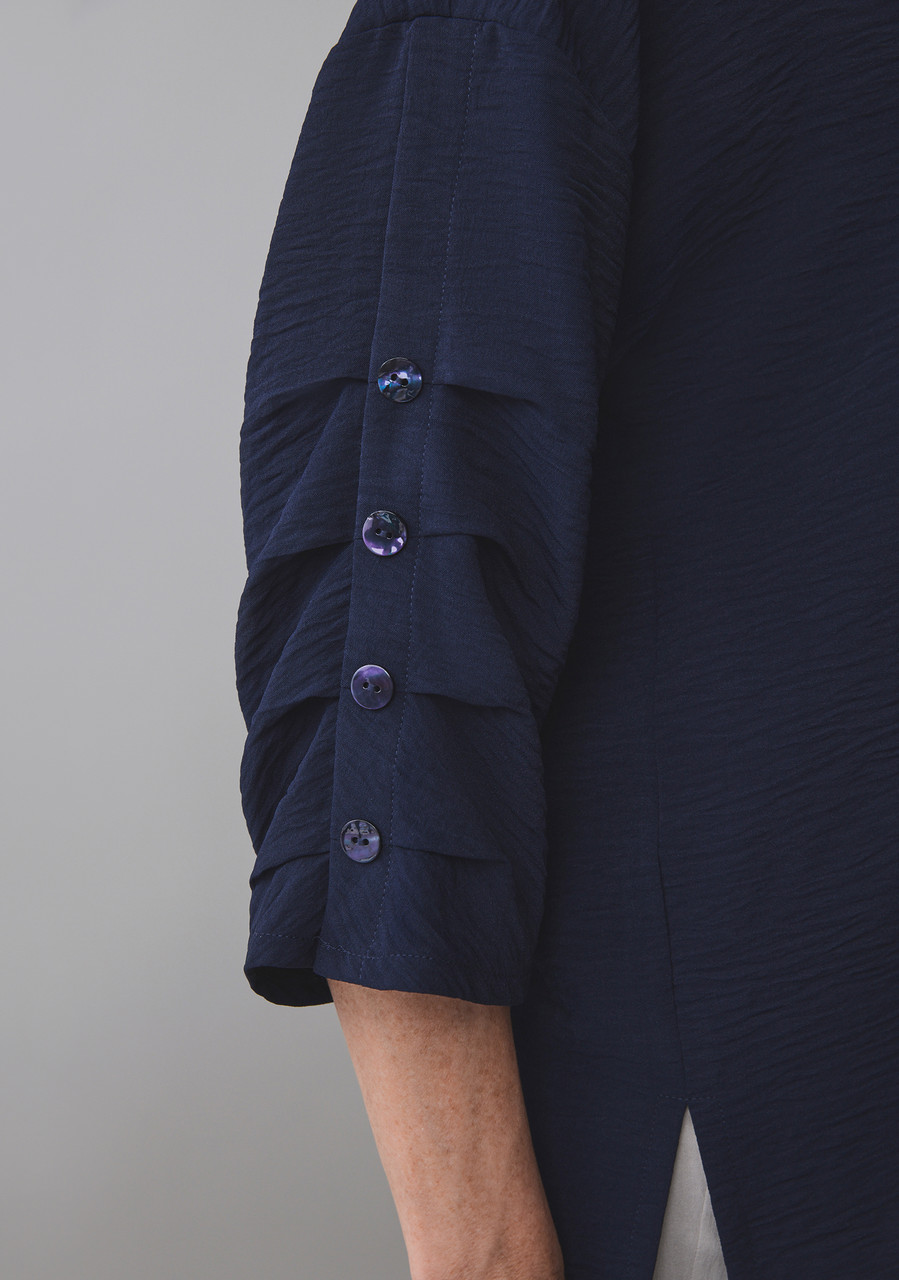 3/4 Sleeve Button Detail Split Neck Blouse in Navy