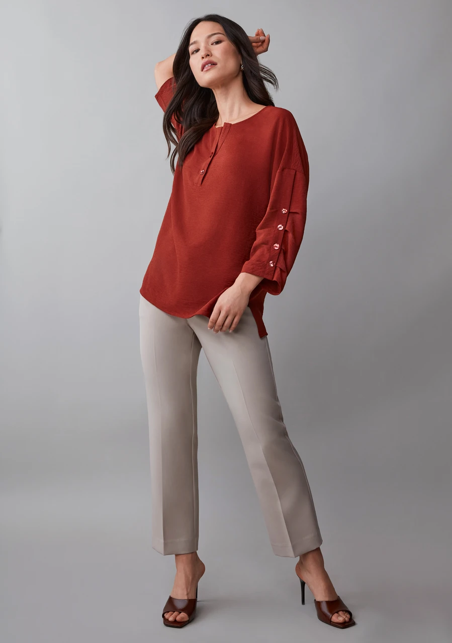 3/4 Sleeve Button Detail Split Neck Blouse in Terracotta
