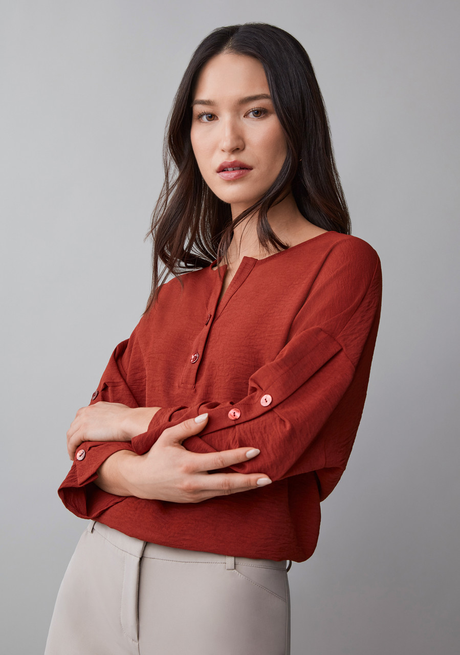 3/4 Sleeve Button Detail Split Neck Blouse in Terracotta