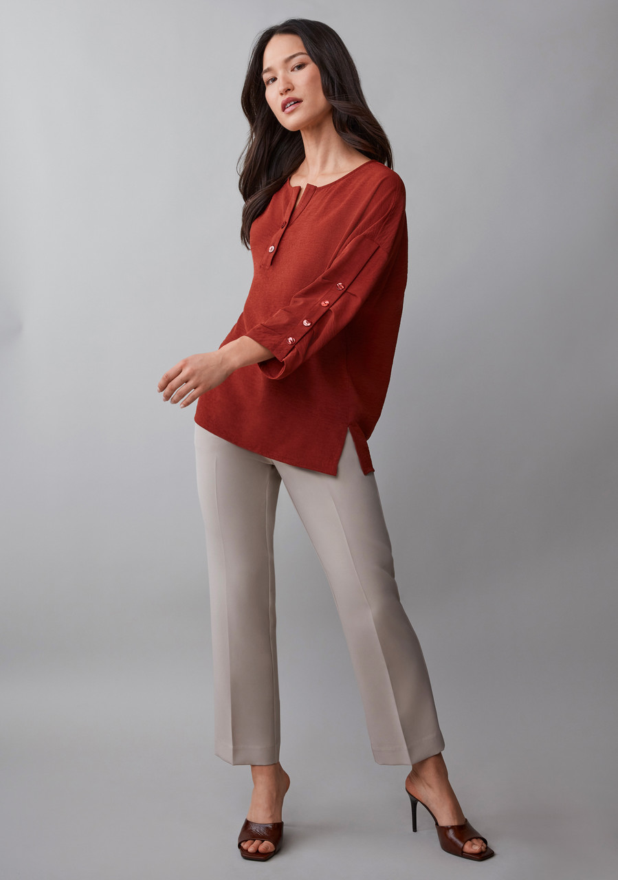 3/4 Sleeve Button Detail Split Neck Blouse in Terracotta