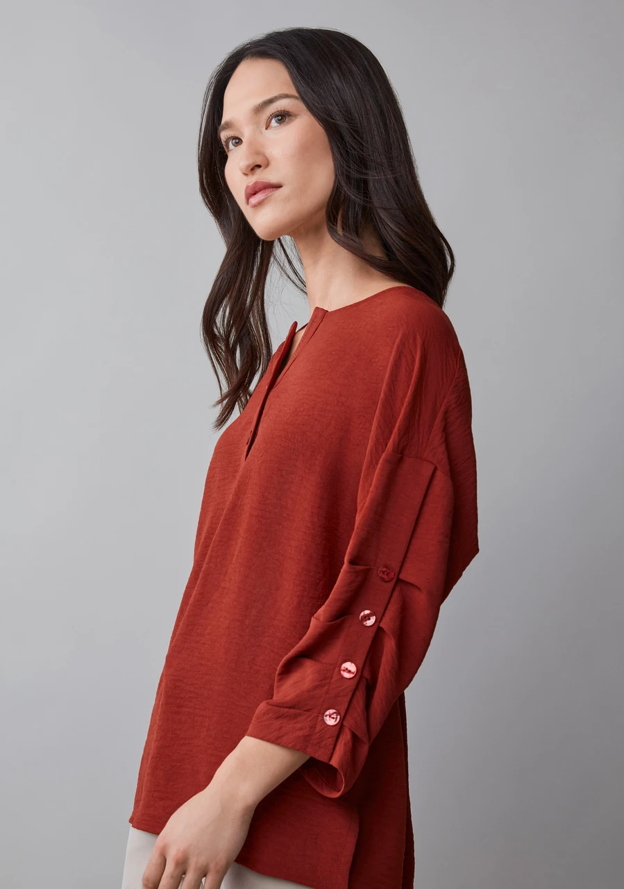 3/4 Sleeve Button Detail Split Neck Blouse in Terracotta