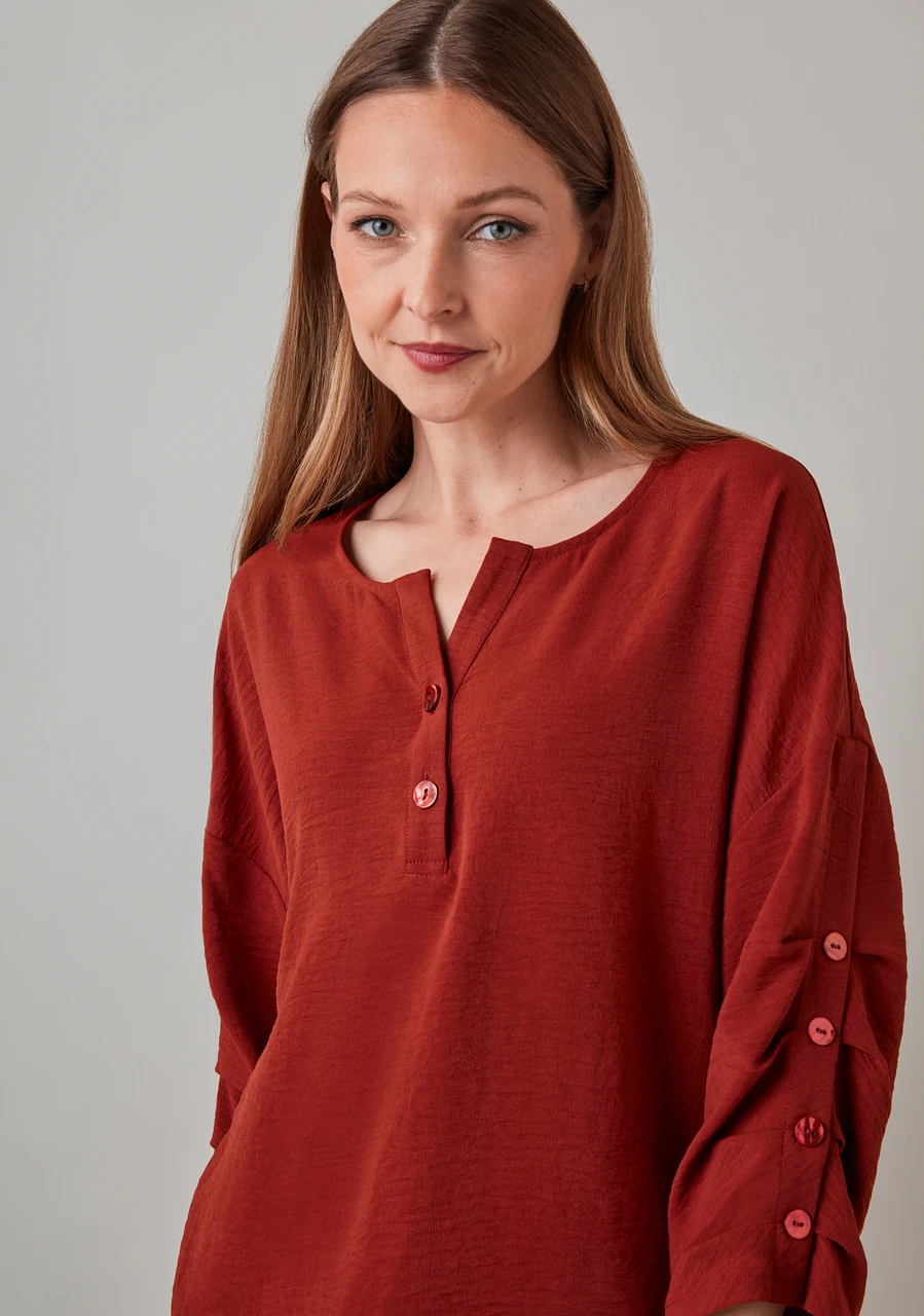3/4 Sleeve Button Detail Split Neck Blouse in Terracotta