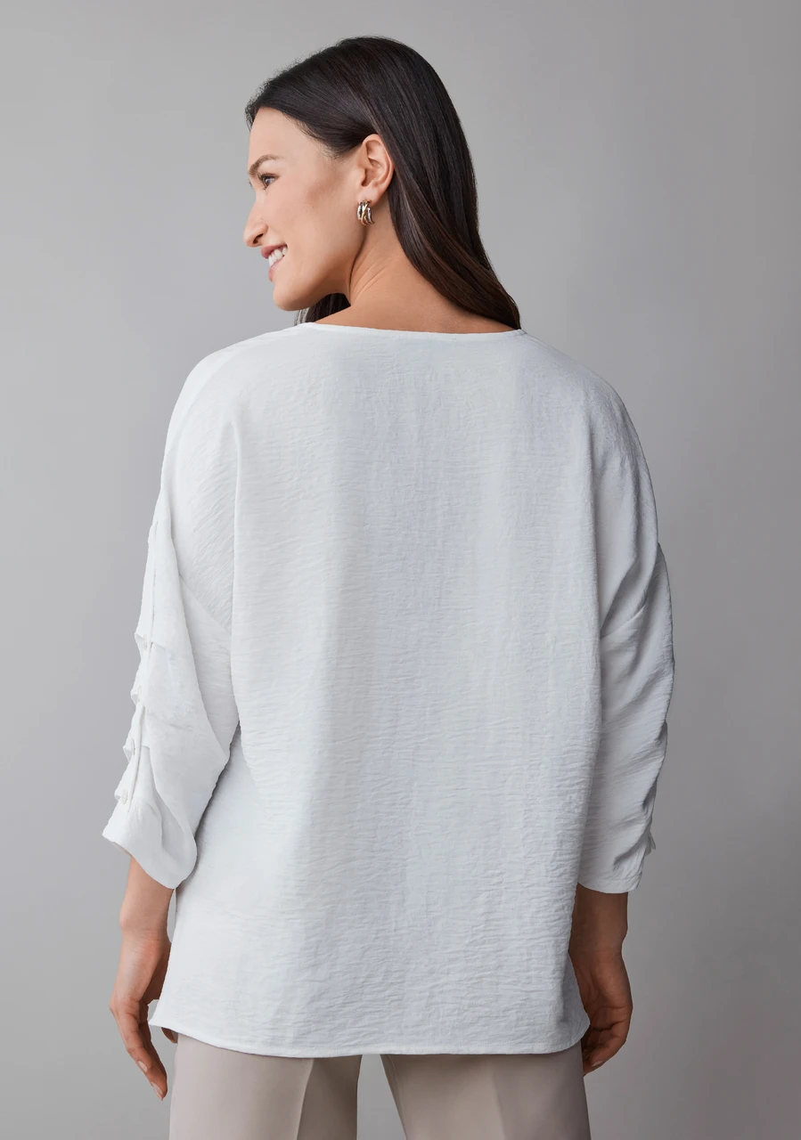 3/4 Sleeve Button Detail Split Neck Blouse in White