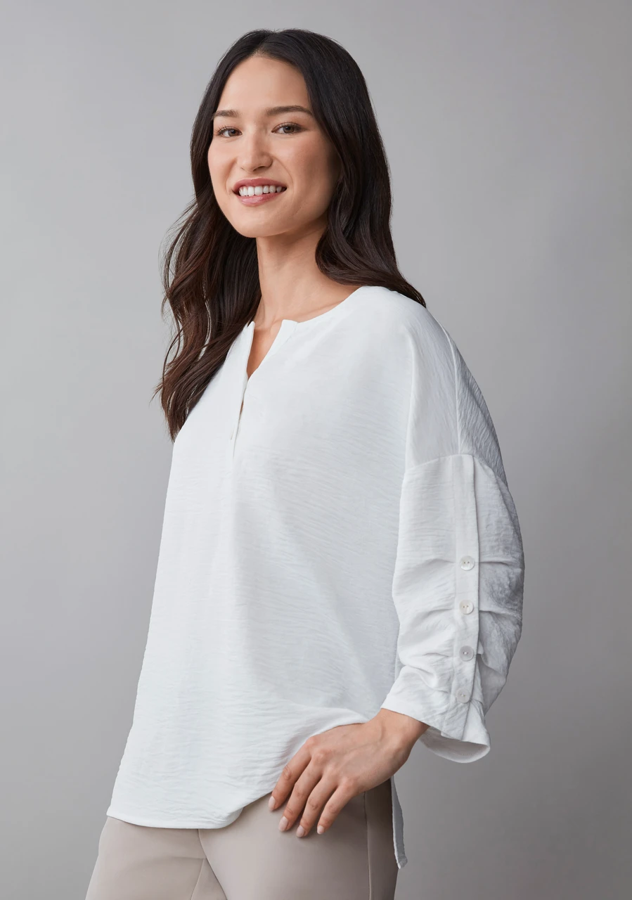 3/4 Sleeve Button Detail Split Neck Blouse in White