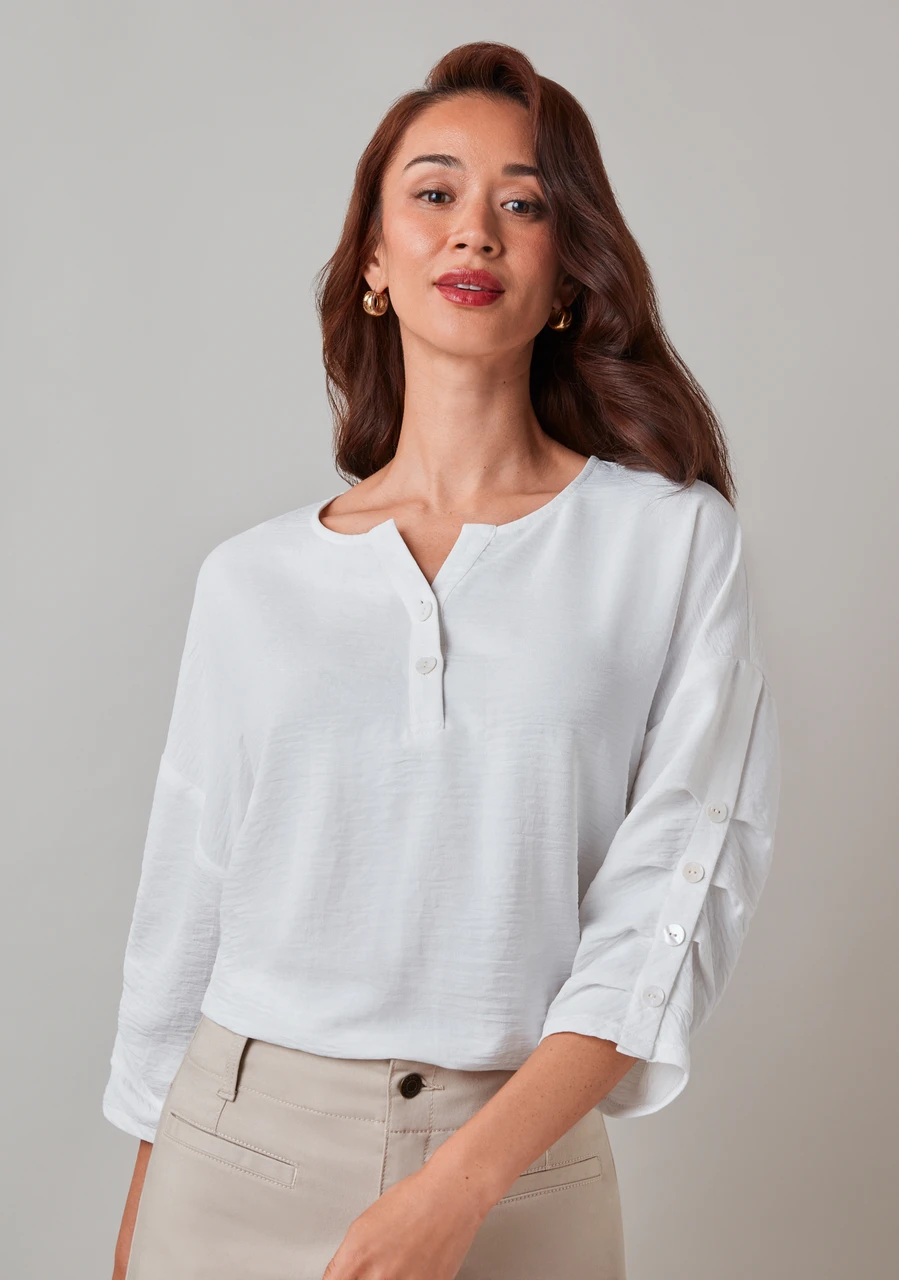 3/4 Sleeve Button Detail Split Neck Blouse in White