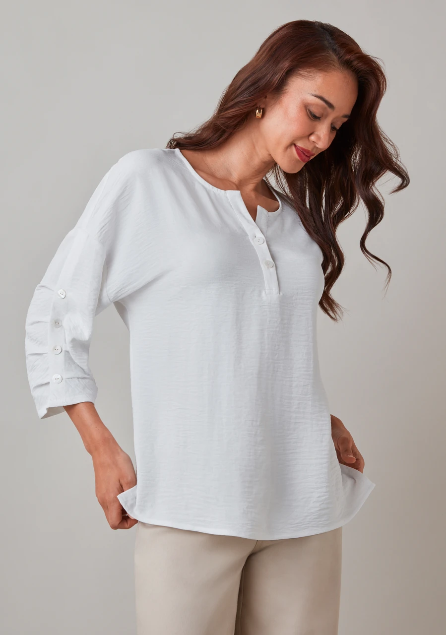 3/4 Sleeve Button Detail Split Neck Blouse in White