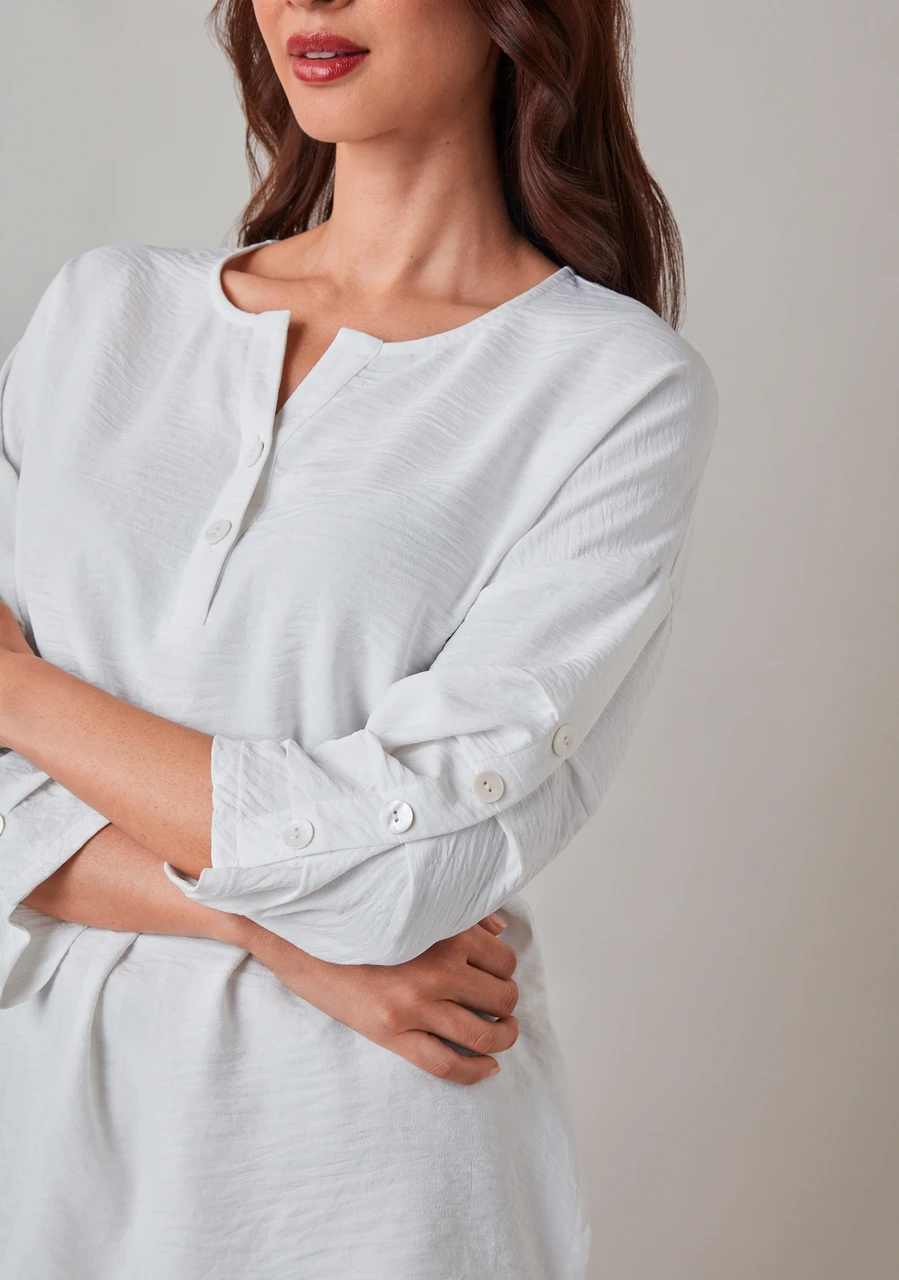 3/4 Sleeve Button Detail Split Neck Blouse in White