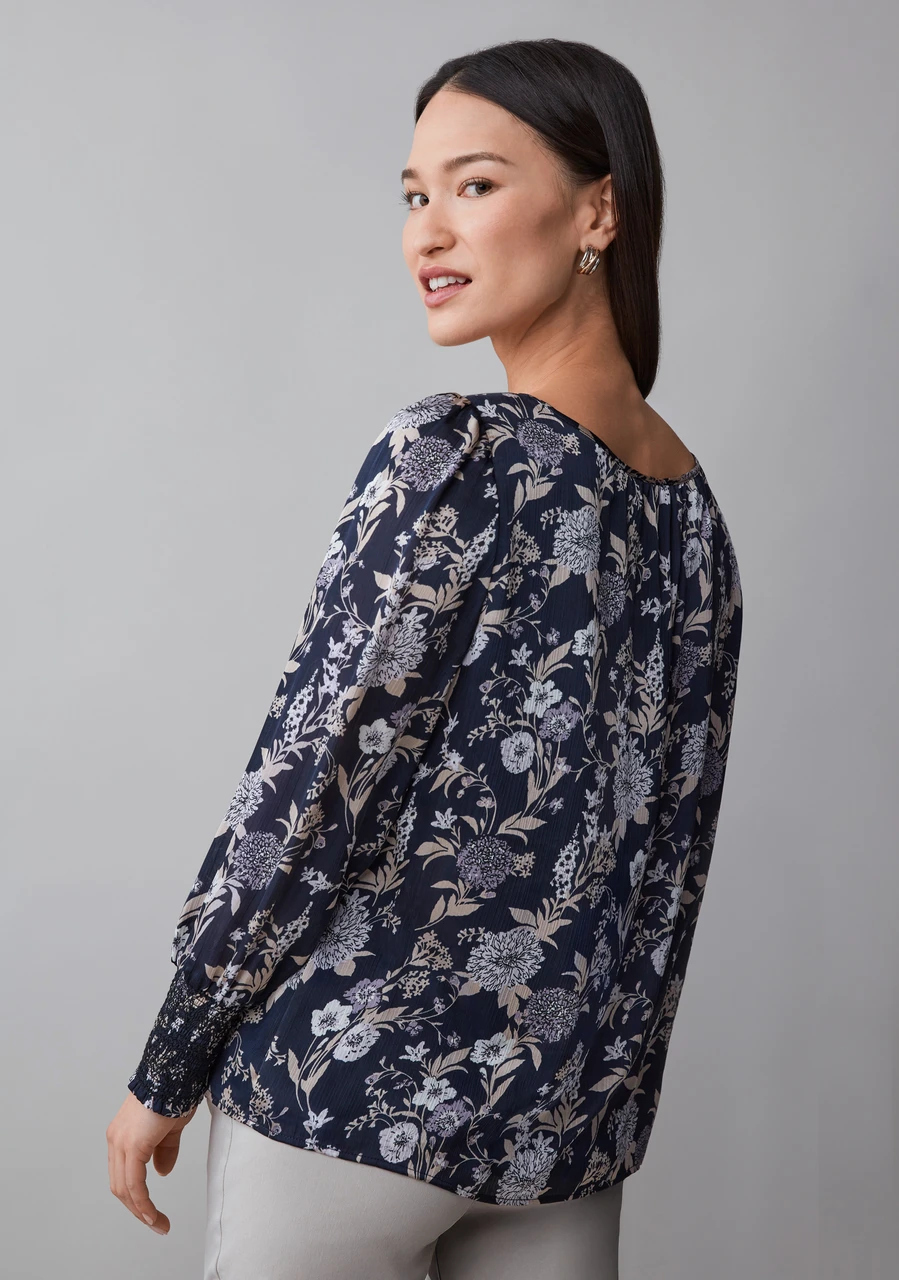 Long Sleeve Round Neck Blouse in Navy Lavender Floral