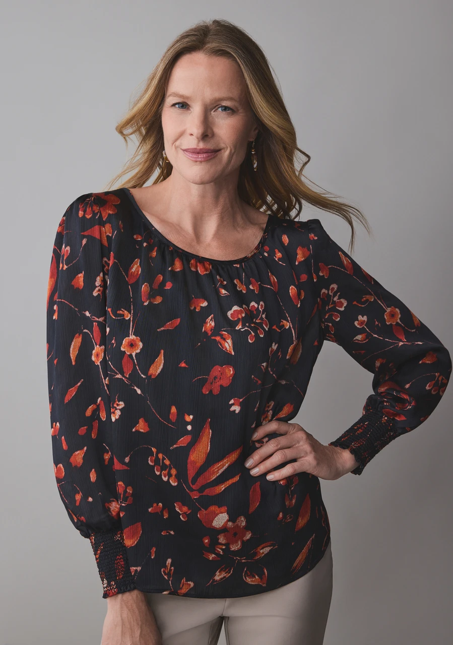Long Sleeve Round Neck Blouse in Black Floral