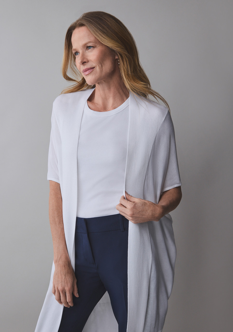 Short Sleeve Long Cover Up Sweater in White