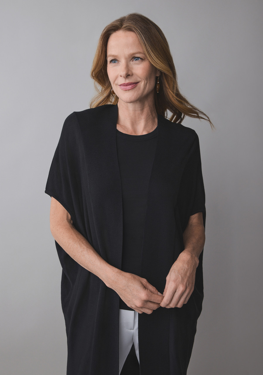 Short Sleeve Long Cover Up Sweater in Black