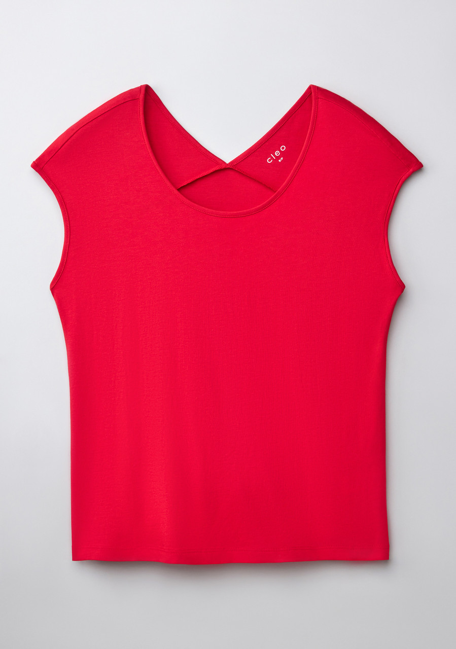 Cap Sleeve Back Detail Scoop Neck T-Shirt in Crimson