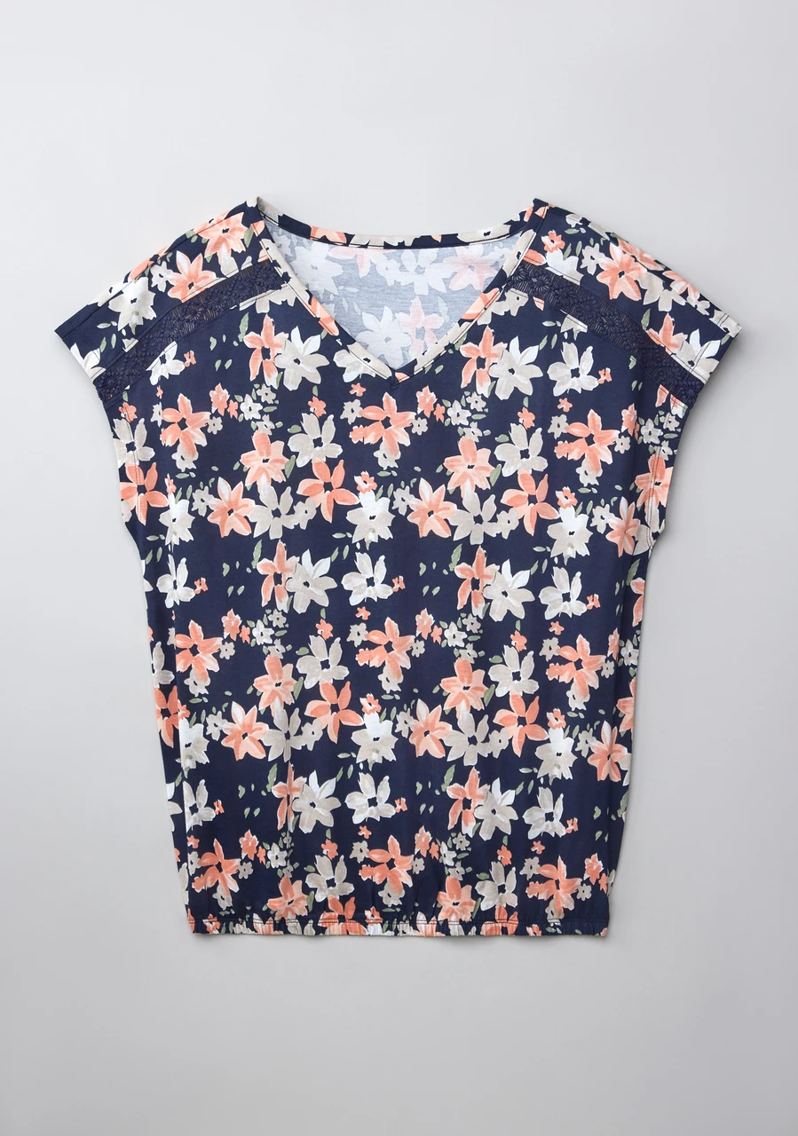 Bubble Hem Short Sleeve V Neck Tee in Navy Floral