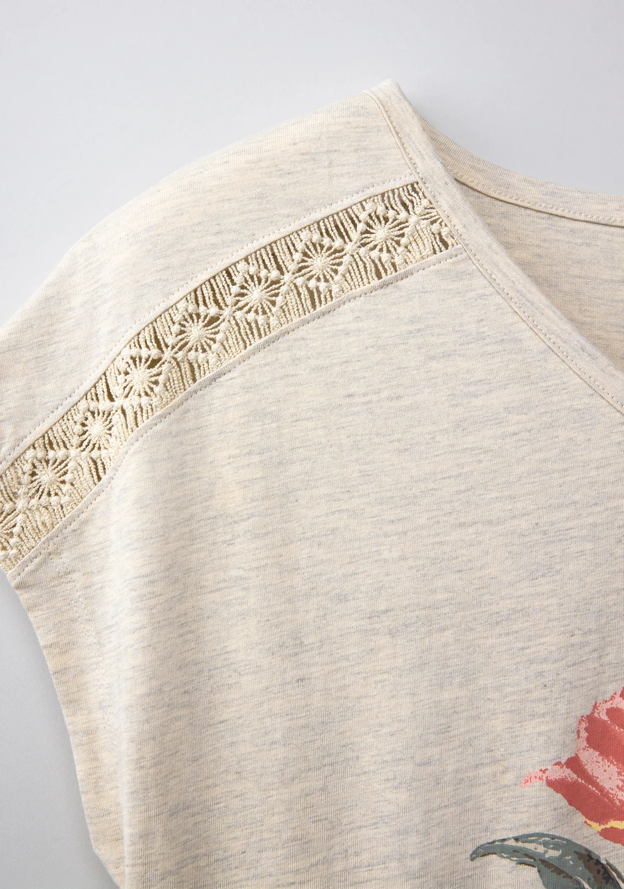 Stone Mix Floral Bubble Hem Short Sleeve V Neck Tee