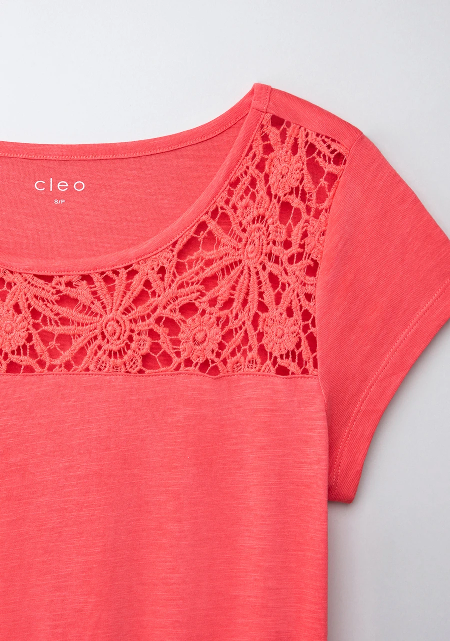 Crochet Trim Scoop Tee in Papaya