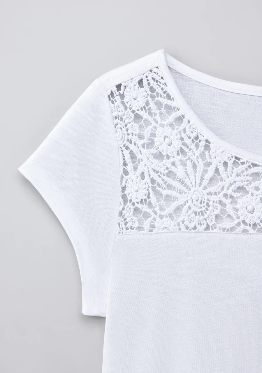 Crochet Trim Scoop Tee in White