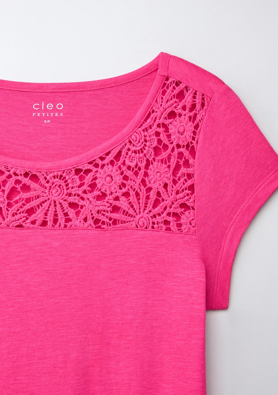 Crochet Trim Scoop Tee in Hot Pink