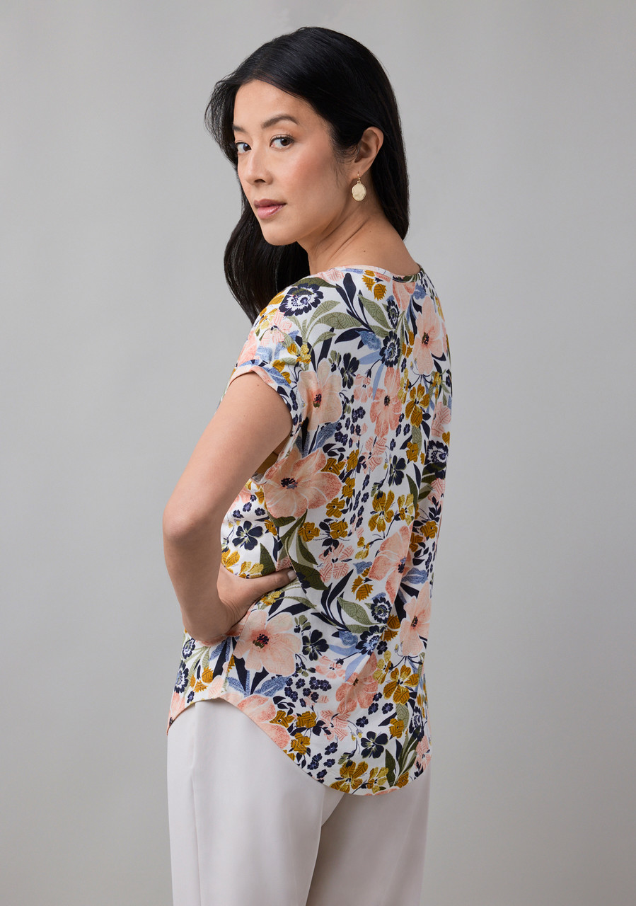 Short Sleeve Cuffed Slub Boat Neck Tee in Multi Floral