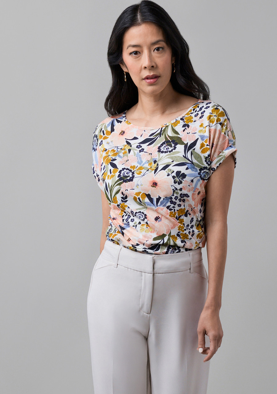 Short Sleeve Cuffed Slub Boat Neck Tee in Multi Floral