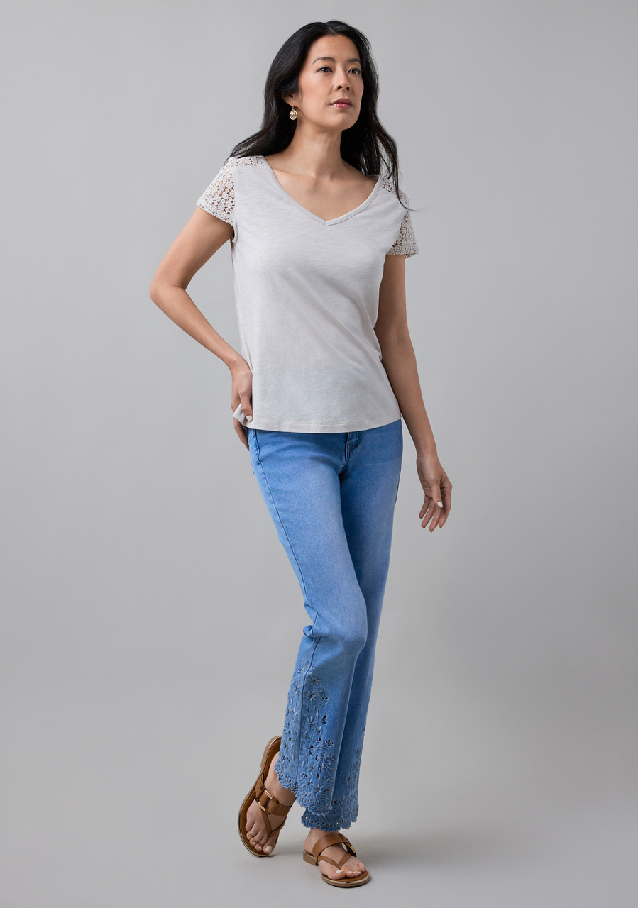 Crochet Insert V Neck Tee in Stone