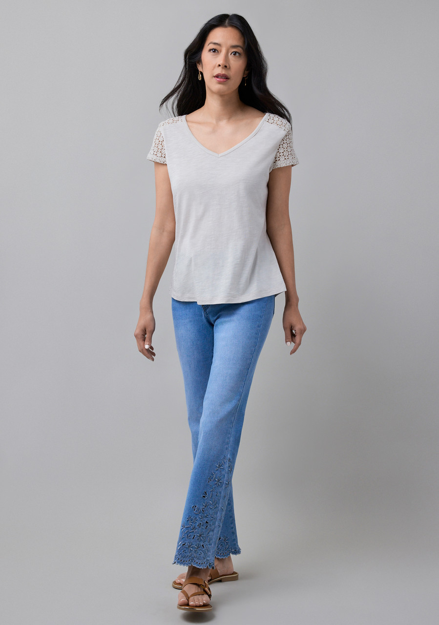 Crochet Insert V Neck Tee in Stone