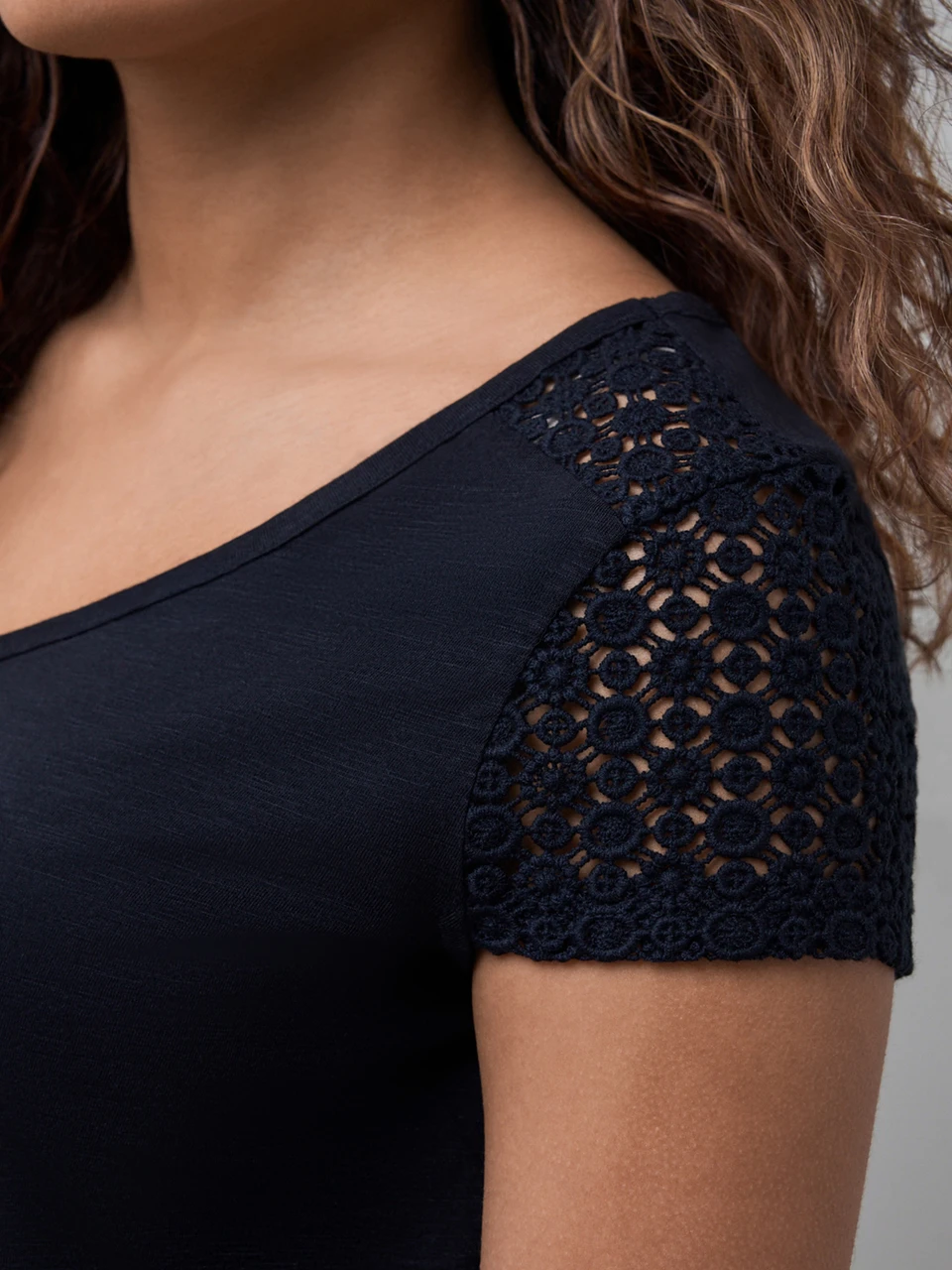 Crochet Insert V Neck Tee in Black