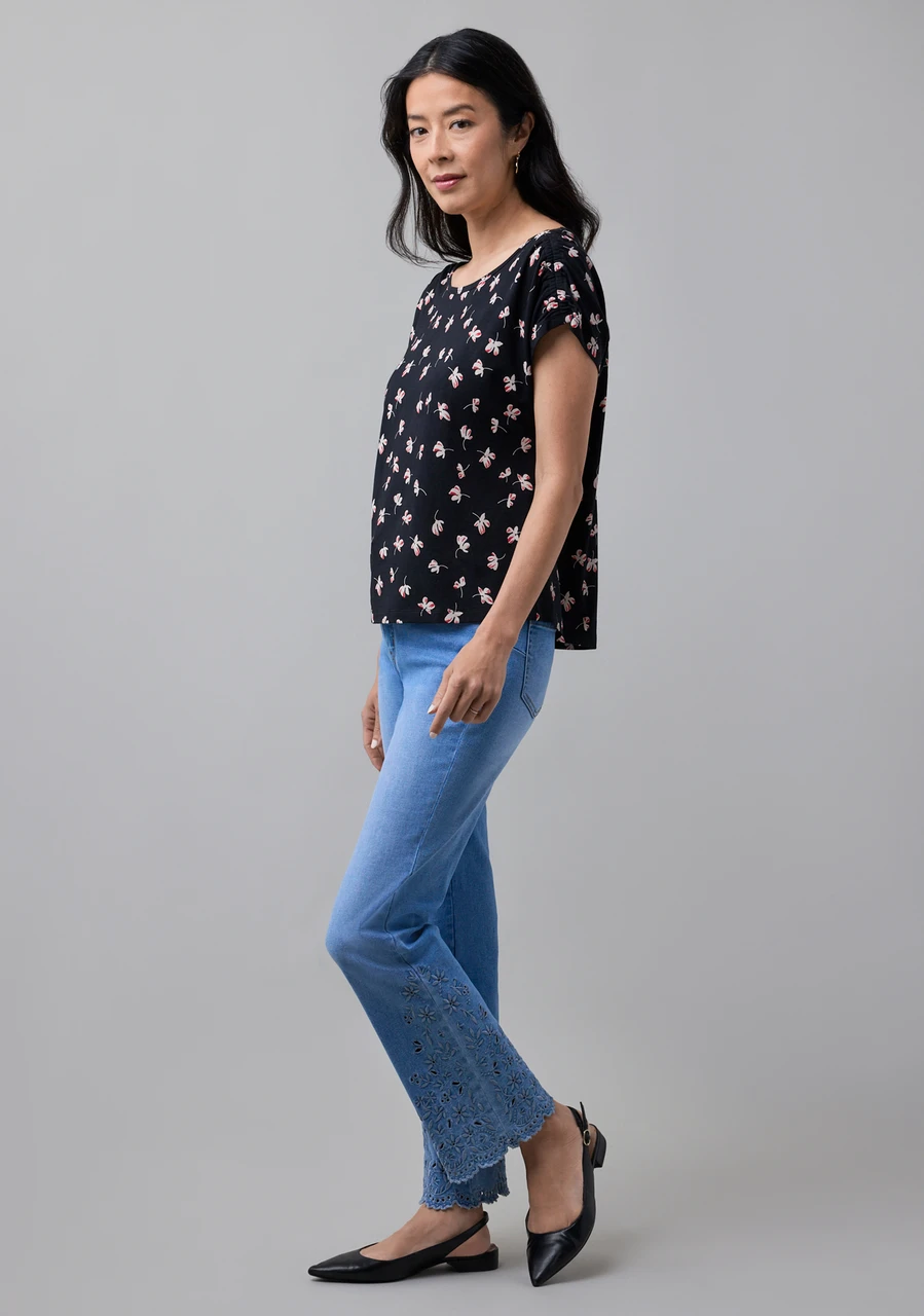Rouched Shoulder Boat Neck Tee in Black Floral