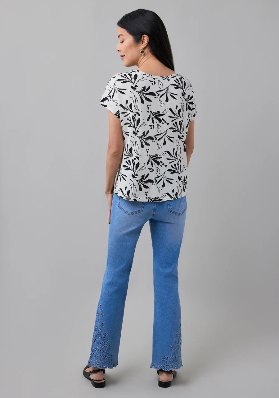 Rouched Shoulder Boat Neck Tee in Ecru Leaf