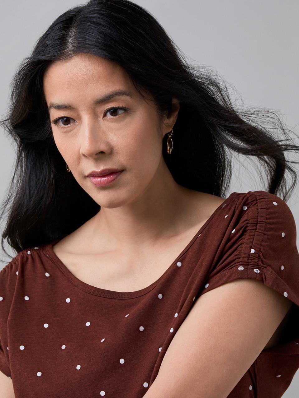 Rouched Shoulder Boat Neck Tee | Coconut Dot | Cleo