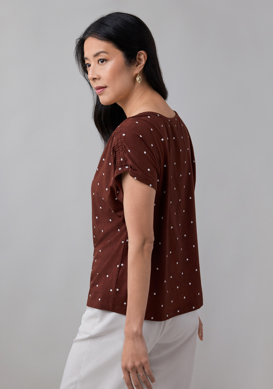 Rouched Shoulder Boat Neck Tee in Coconut Dot