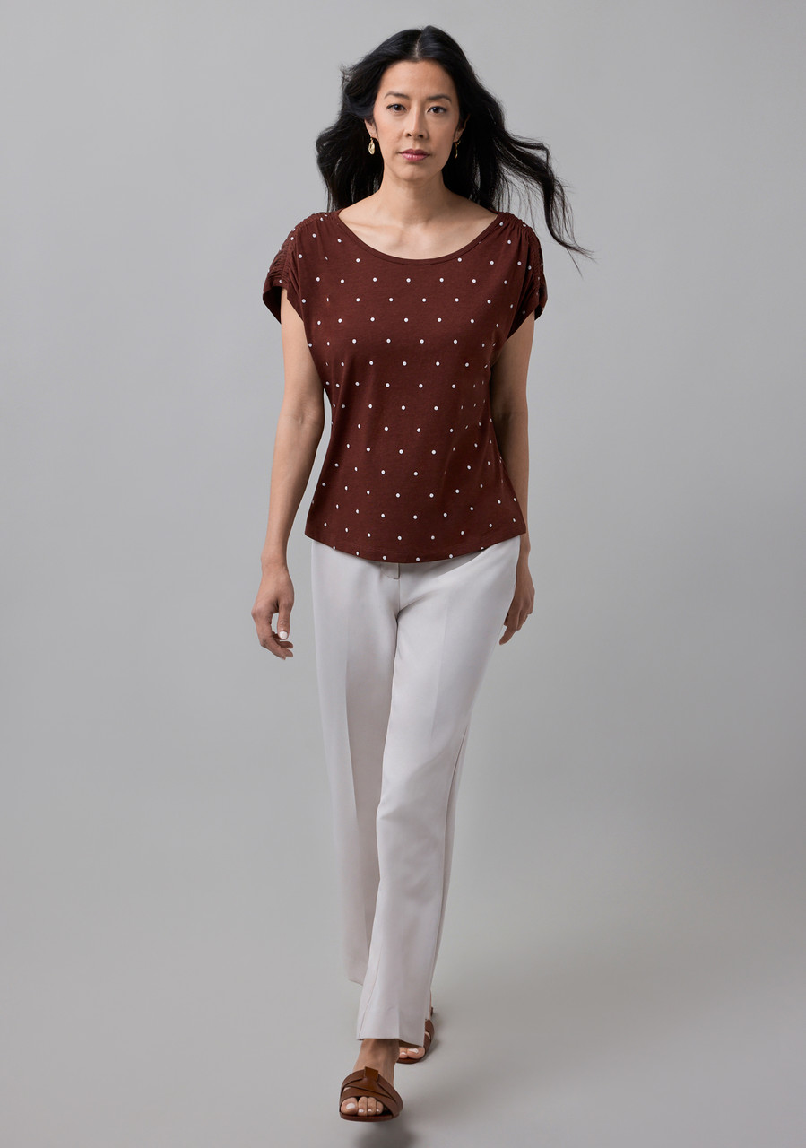 Rouched Shoulder Boat Neck Tee | Coconut Dot | Cleo