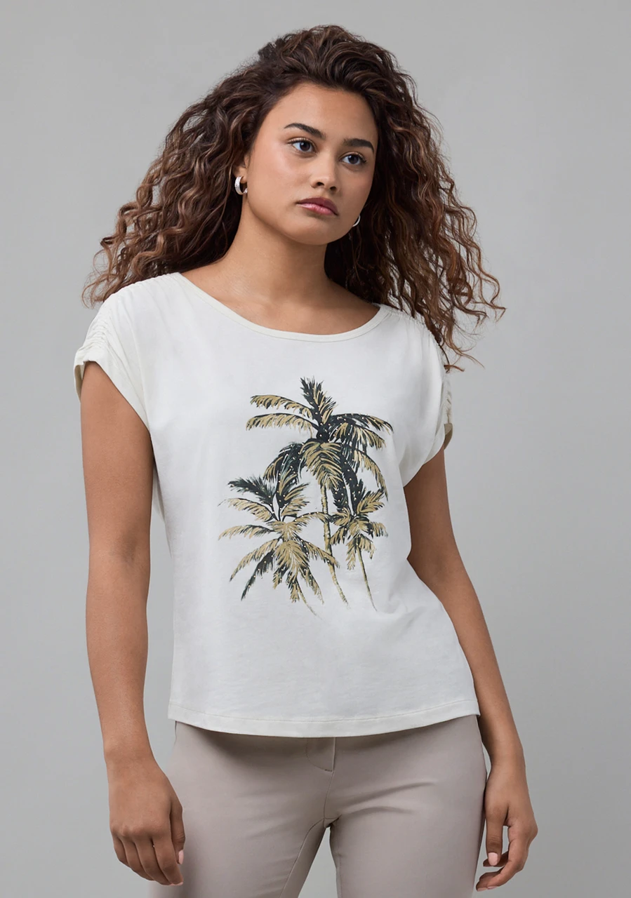 Rouched Shoulder Boat Neck Tee in Ecru Palm