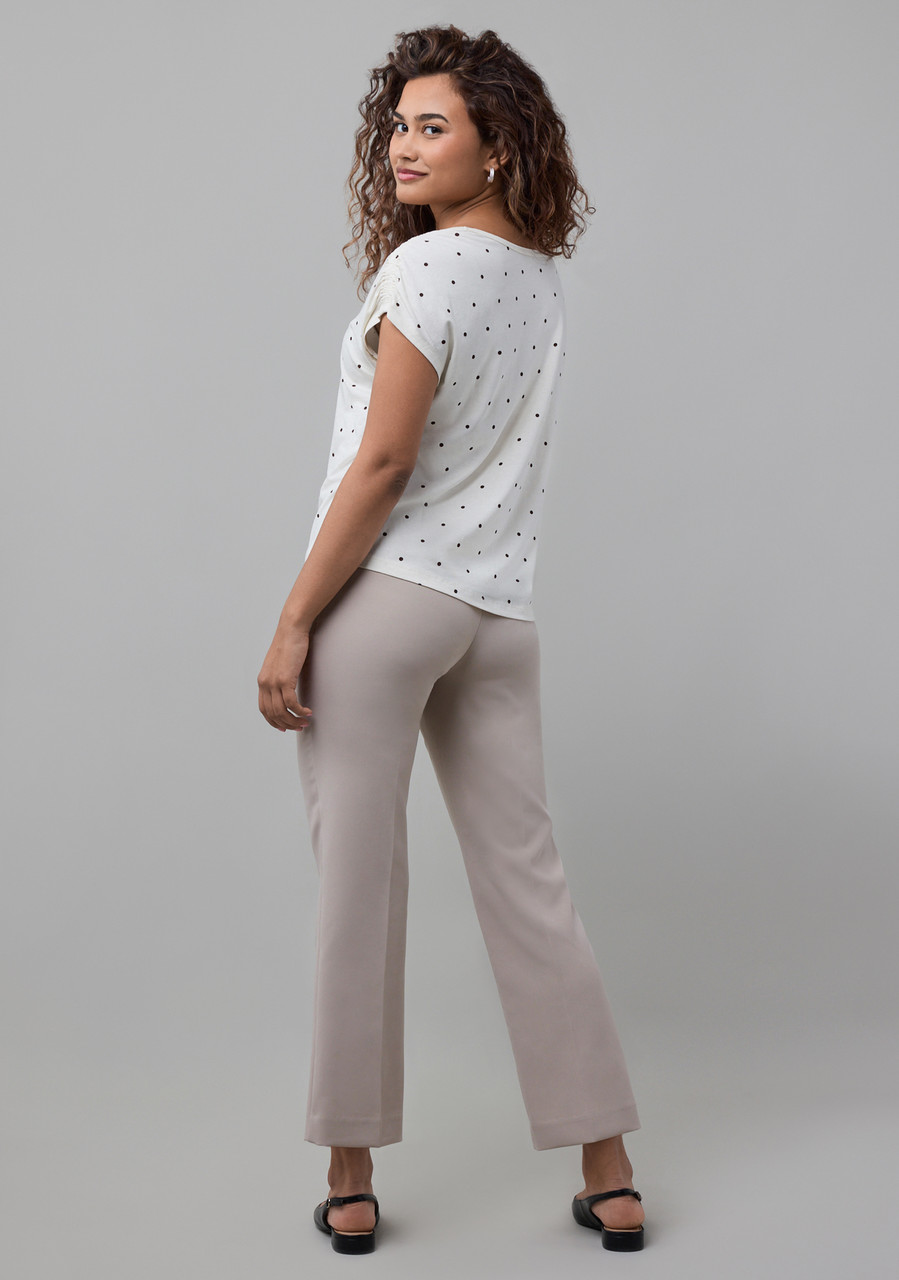 Rouched Shoulder Boat Neck Tee | Ecru Dot | Cleo