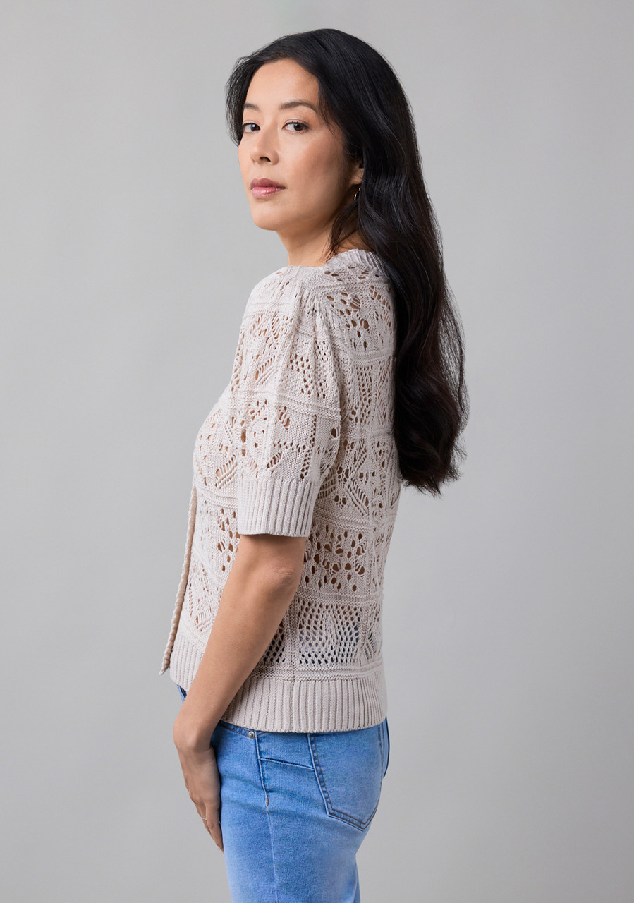 Elbow Sleeve Short Button Cardigan in Stone