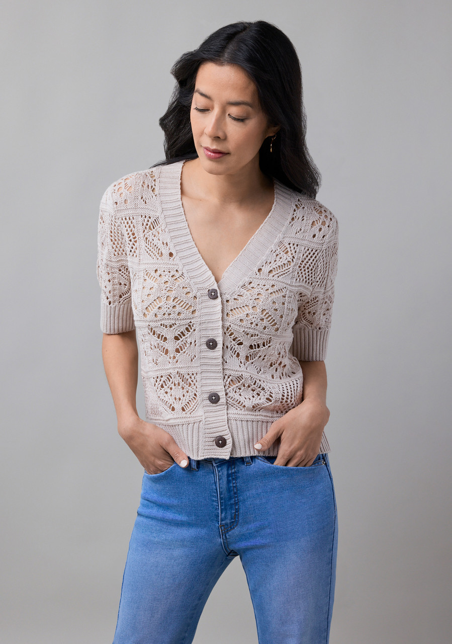 Elbow Sleeve Short Button Cardigan in Stone