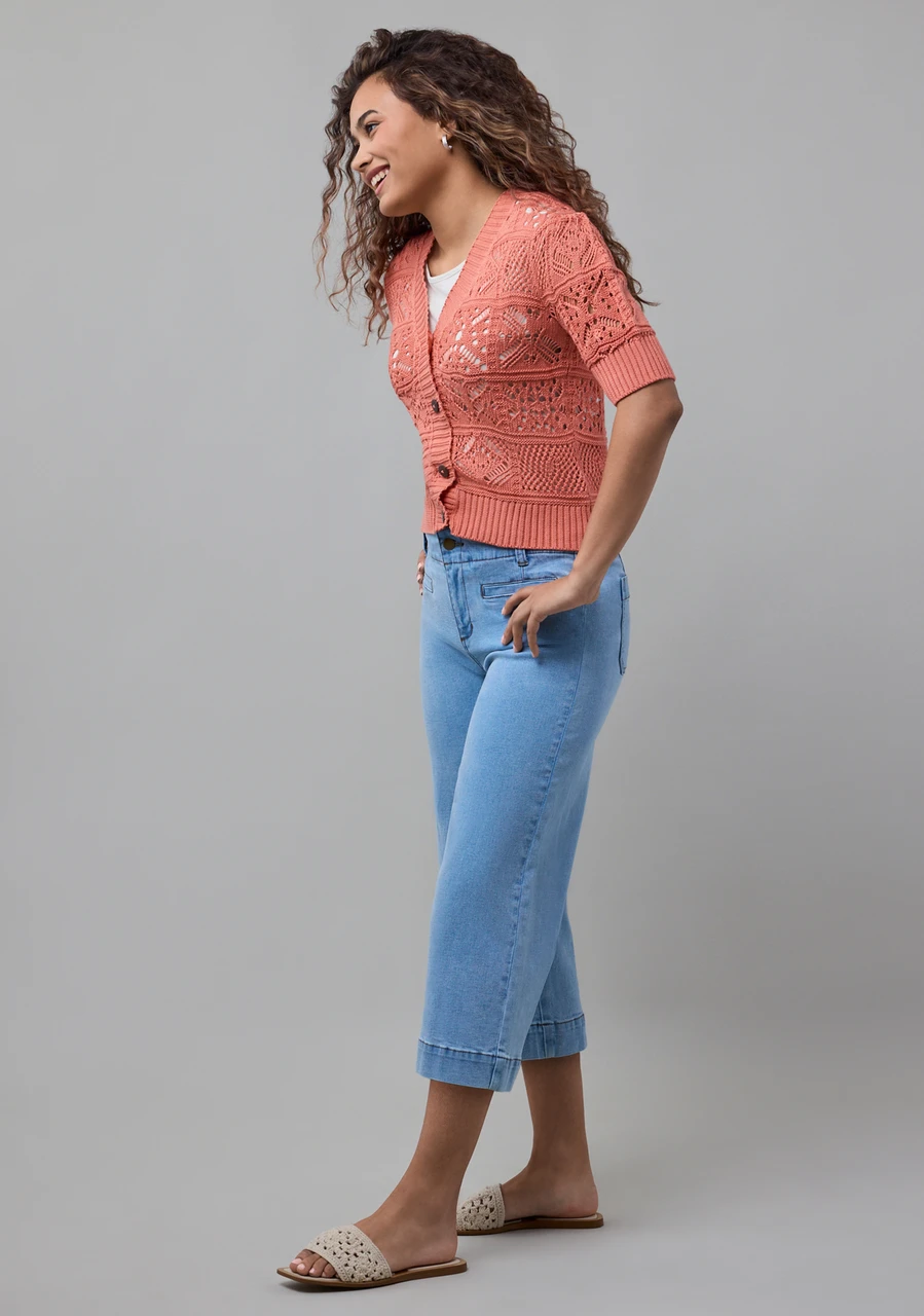 Elbow Sleeve Short Button Cardigan in Salmon