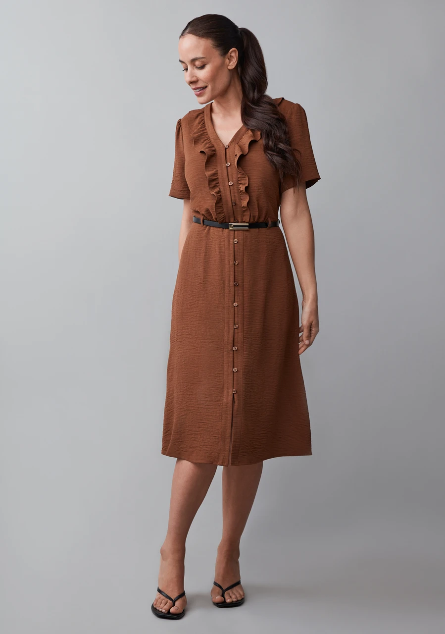 Airflow Ruffle Front Midi Length Dress in Tobacco