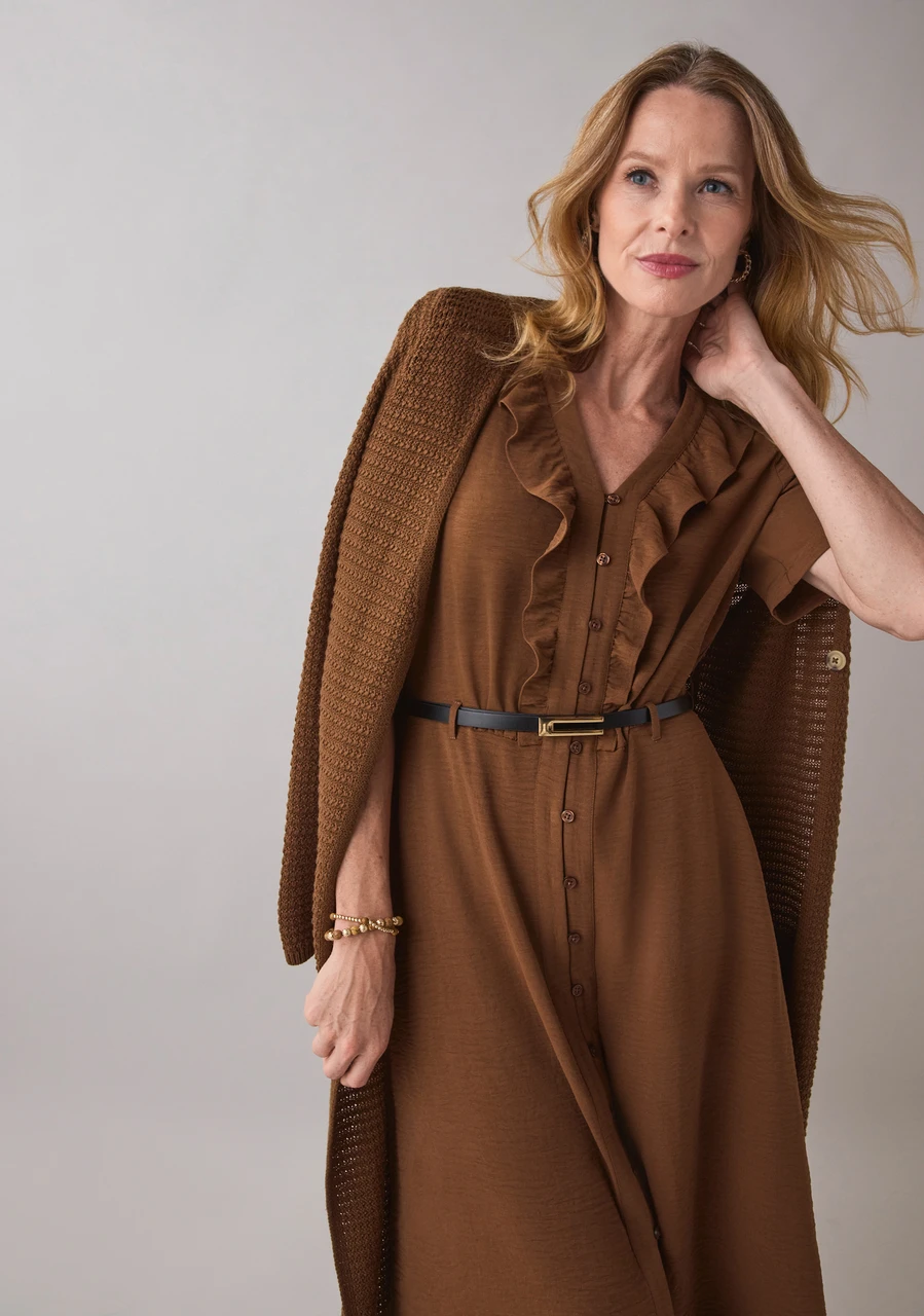 Airflow Ruffle Front Midi Length Dress in Tobacco
