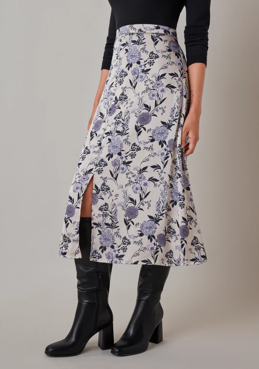 Satin Button Front Skirt in Lavender Floral