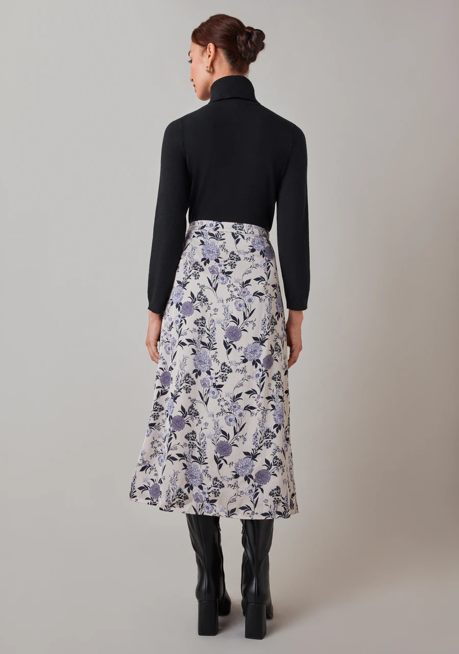 Satin Button Front Skirt in Lavender Floral