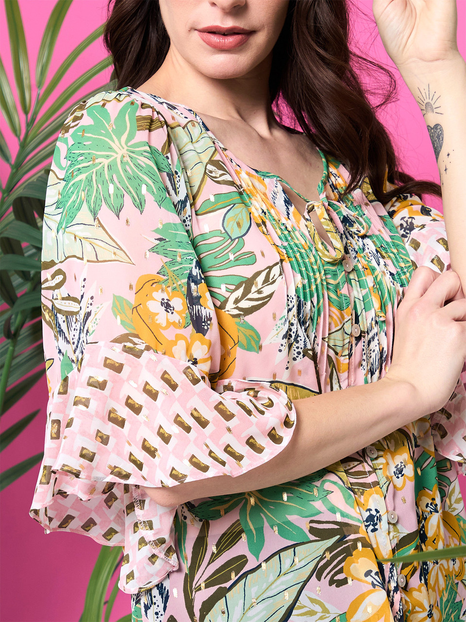 Ruffled Pink and Green Kimono Sleeve Blouse