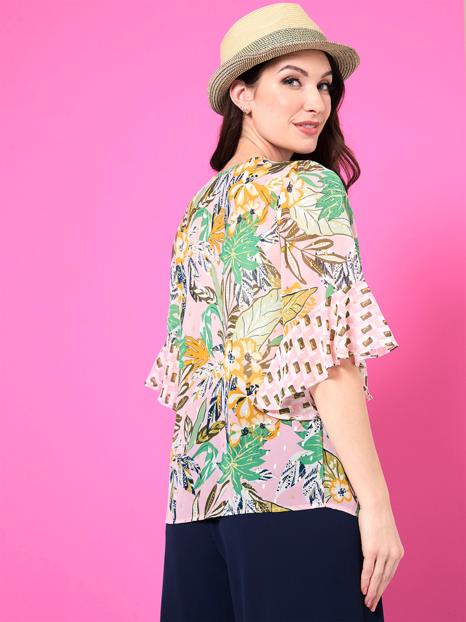 Ruffled Pink and Green Kimono Sleeve Blouse
