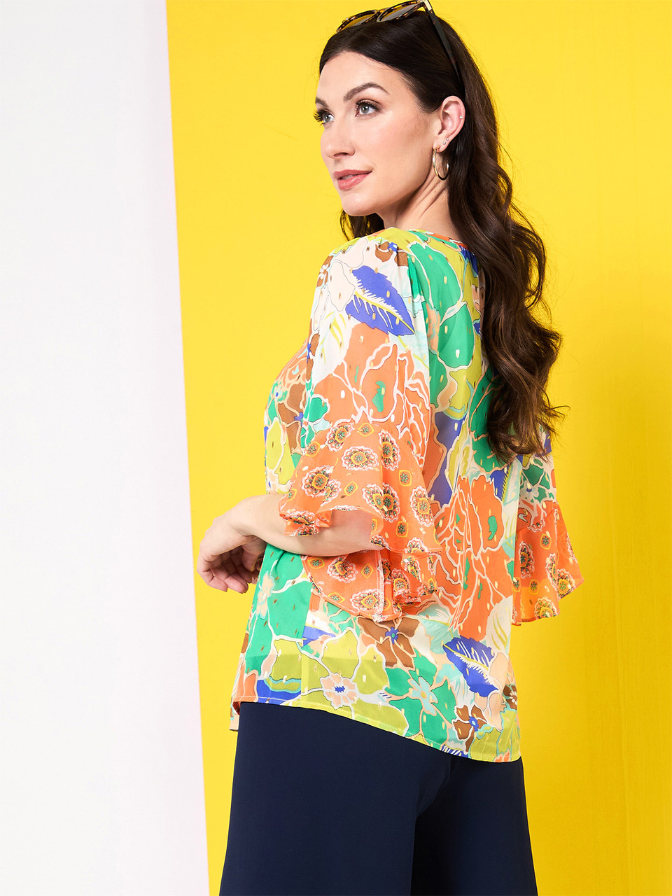 Ruffled Coral Multi Print Kimono Sleeve Blouse