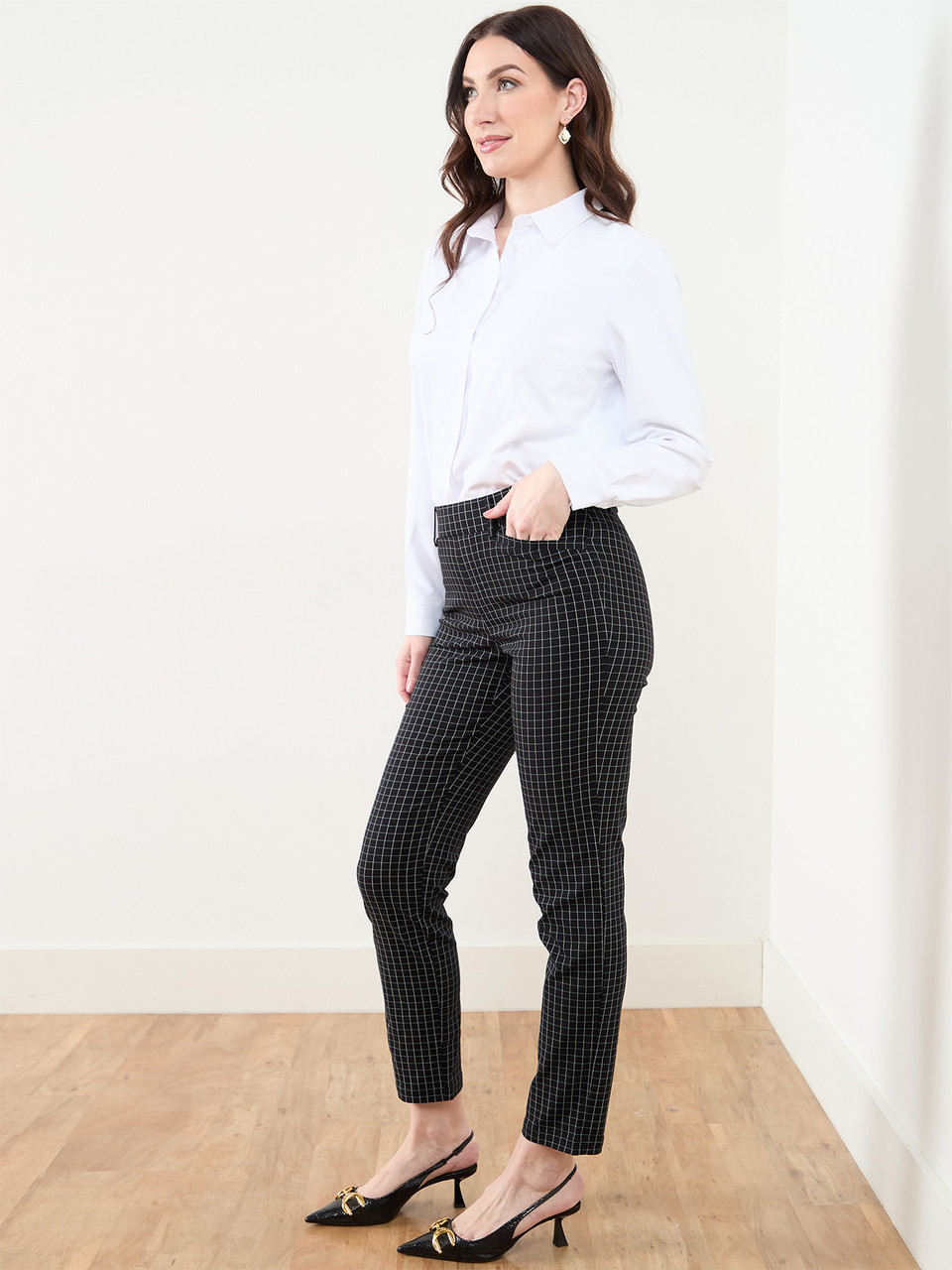 Emily Microtwill Slim Leg Grid Pant