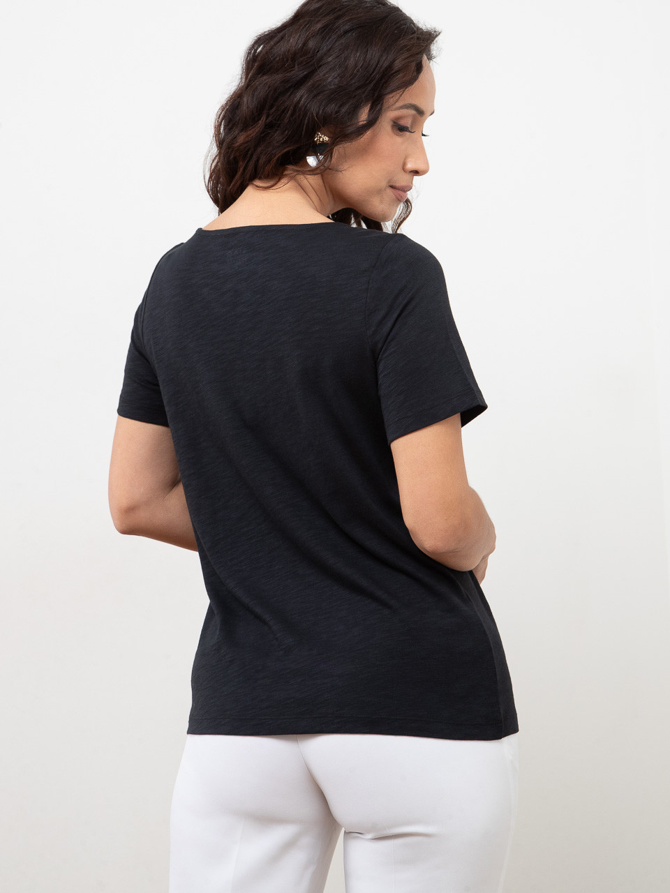 Petite Short Sleeve Black Crochet V-Neck T-Shirt