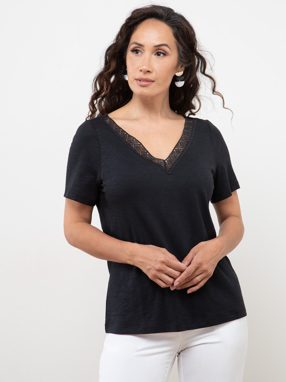 Petite Short Sleeve Black Crochet V-Neck T-Shirt