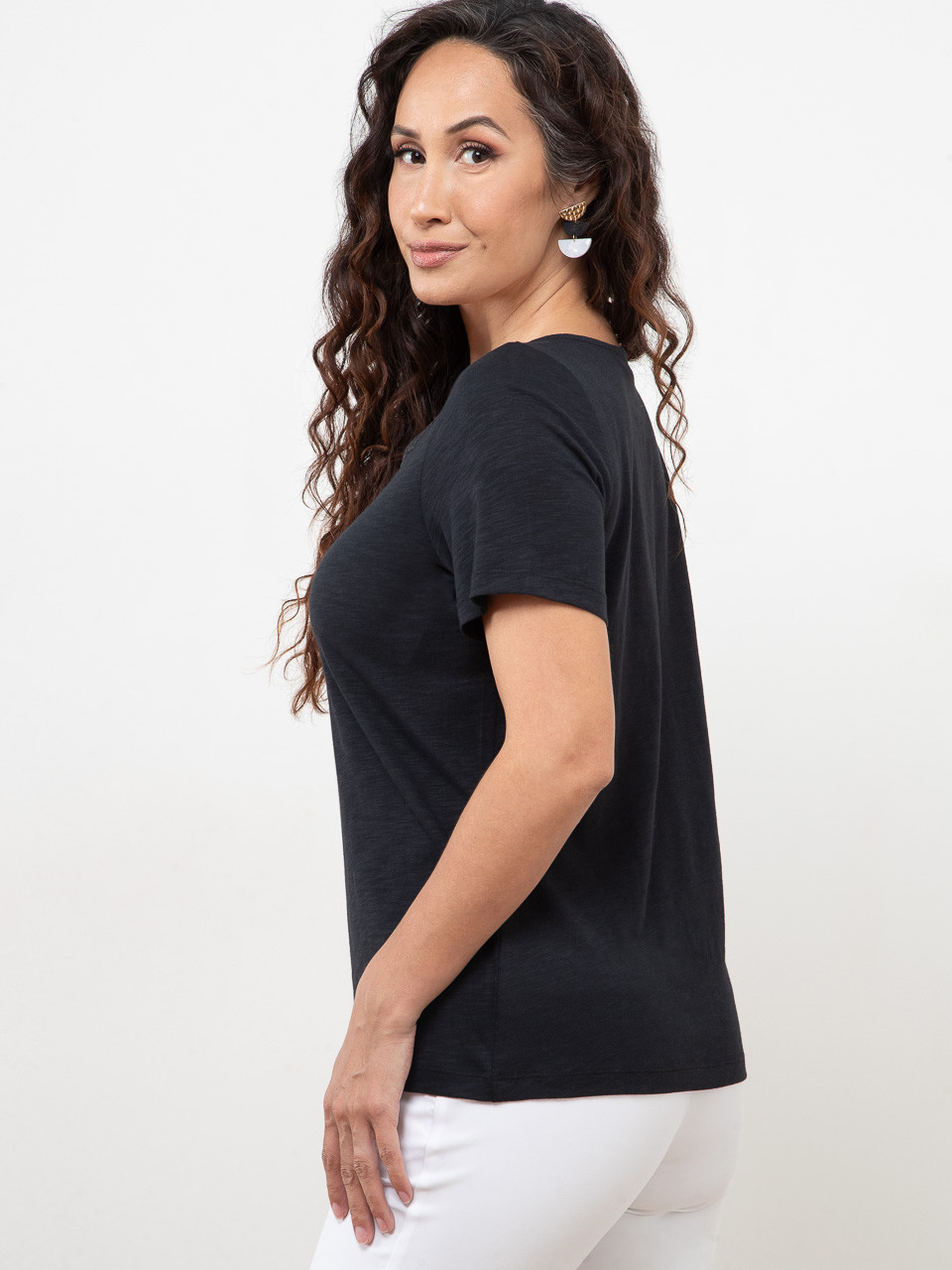 Petite Short Sleeve Black Crochet V-Neck T-Shirt